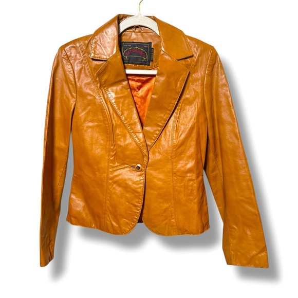 VINTAGE LEATHER JACKET Women’s Caramel brown CASABLANCA COAT One button Sz 9/10 - Picture 1 of 6